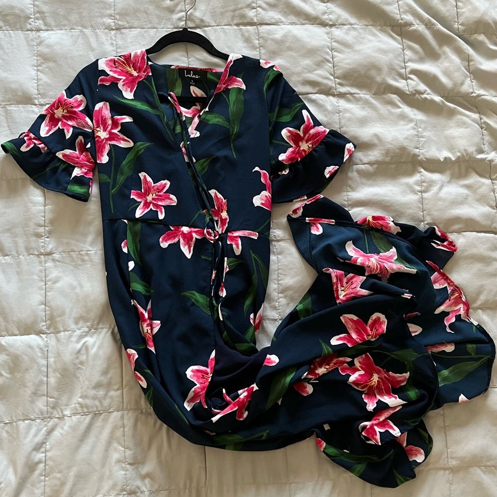 Lulus Stargazer Lily Navy Blue Floral Print Maxi Wrap Dress - Picture 5 of 7